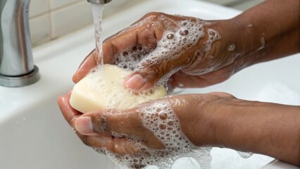 Washing hands with soap under running water, promoting hygiene and cleanliness.