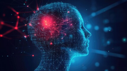 Fototapeta premium Abstract digital human head with neural network connections on a dark blue background