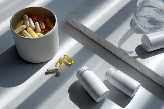 supplement bottles and capsules, clean white lab table, pharmaceutical-style.