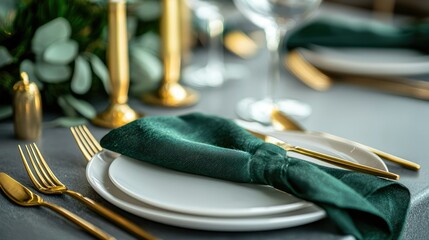 Sophisticated holiday dinner setup with white plates, golden cutlery, and green napkins placed on a modern concrete surface.
