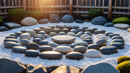 A set of smooth stones arranged in concentric circles on white gravel in a Japanese rock garden under soft evening light