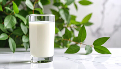 A full glass of white milk, a healthy and fresh dairy drink, sits isolated on the table