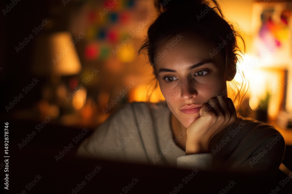 Poster Woman Working Late at Night With Laptop, Representing Dedication and Overtime, Focused on a Screen for Remote Work and Digital Transformation : Generative AI