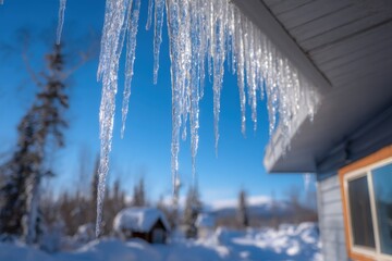 Icicles hanging from roof in winter landscape