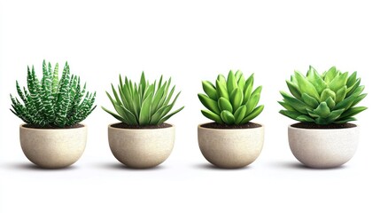 Variety of Succulents in Pots Displayed in a Row on White