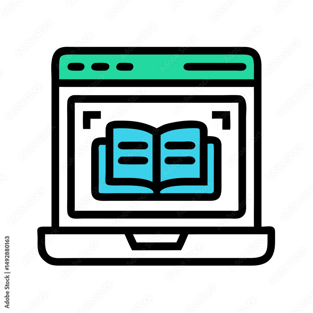 Poster elearning icon with open book on virtual interface display