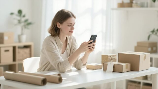 young woman sits at white desk in bright minimalist room, surrounded by cardboard boxes and packing supplies, looking at phone screen, online shop owner checks orders, calm morning light, small busine