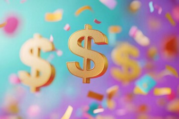 A vibrant payday celebration featuring golden dollar signs amidst colorful confetti.