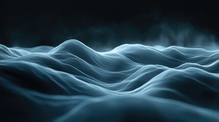 Abstract image of flowing, luminous blue waves in a dark setting