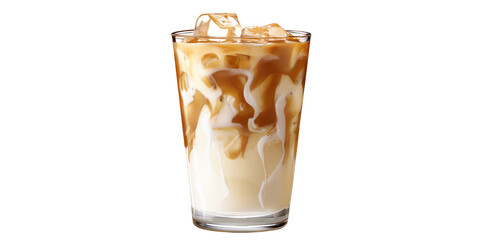 Iced caramel latte in a clear glass with ice cubes and caramel drizzle on a black background isolated on transparent background