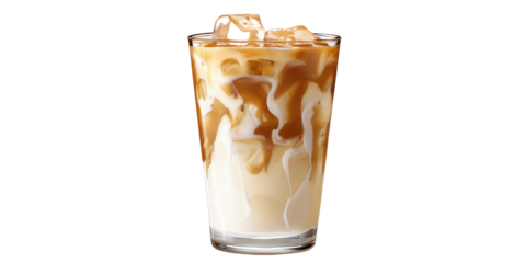 Iced caramel latte in a clear glass with ice cubes and caramel drizzle on a black background isolated on transparent background