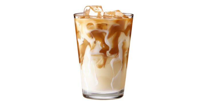 Iced caramel latte in a clear glass with ice cubes and caramel drizzle on a black background isolated on transparent background