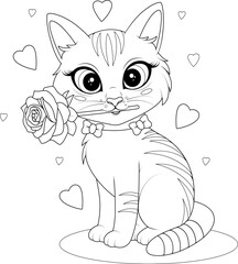 Cute cat holding rose coloring sheet for kids