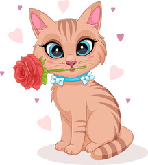 Valentine's Day cat cartoon with rose and pink hearts