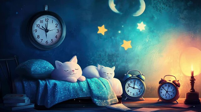 Two white kittens sleeping on bed, clocks, stars and moon on wall at night, indoor background