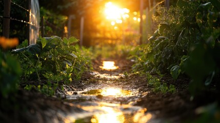 Obraz premium Water-filled trenches reflecting sunlight between green planting beds in a farm