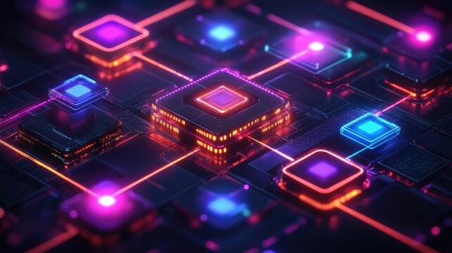 Abstract neon glowing network. Interconnected digital nodes - Powered by Adobe