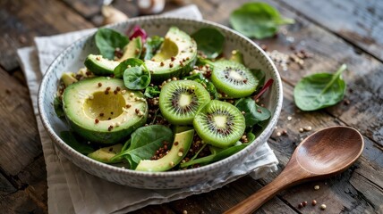 Avocado kiwi salad with fresh green spinach and red quinoa in white ceramic bowl on rustic wooden table, healthy plant-based meal with natural lighting