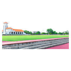 Fototapeta premium Scenic View of a Track and Field Area with Modern Architecture Nearby, isolated on transparent background.