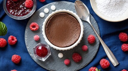 Chocolate souffle in white fluted ramekin on slate plate with fresh raspberries, raspberry coulis, powdered sugar, silver dessert spoon, blue linen tablecloth, overhead view
