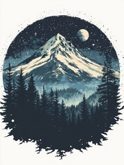 Nighttime mountain scene with starry sky and forest.