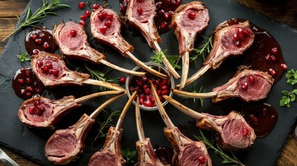 Pomegranate lamb chops arranged in circular pattern on dark slate board, medium-rare meat with burgundy reduction sauce and fresh herbs