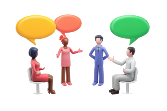 Illustration of four stylized people in a meeting with speech bubbles above them on a black background on transparent background