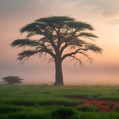 Obraz premium Sunset Silhouette of Acacia Trees in a Colorful Meadow – Autumn Landscape with Fog and Dramatic