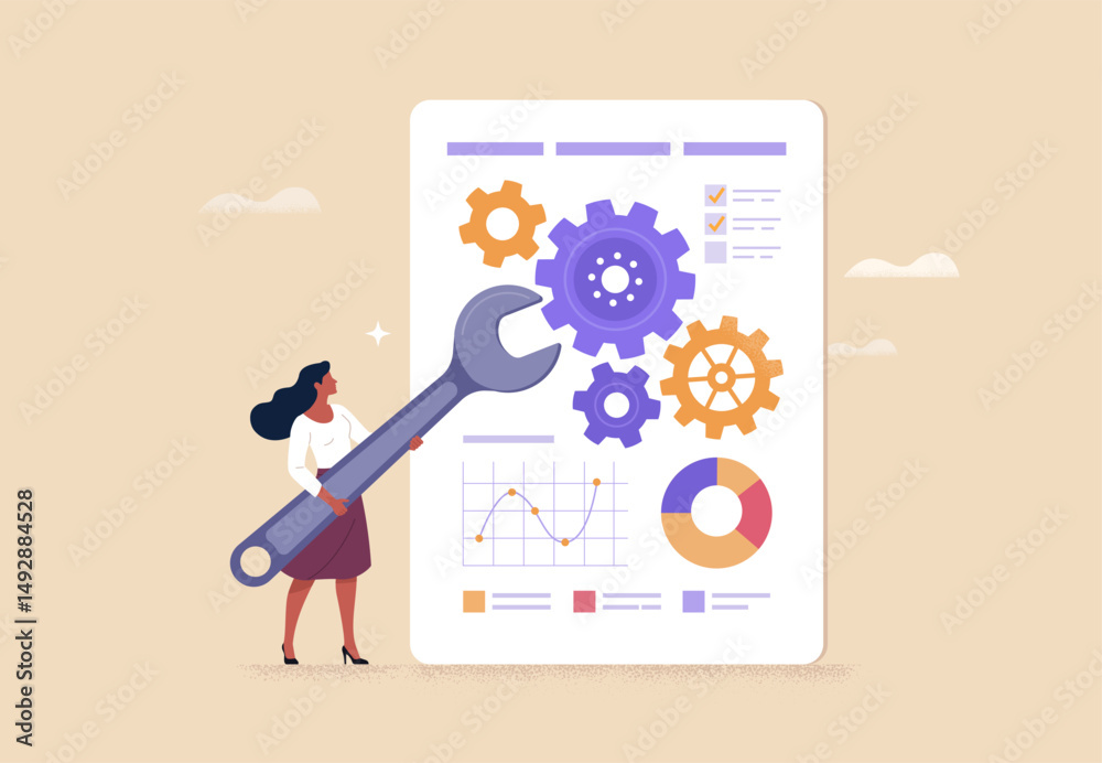 Poster business improvement concept. contemporary flat-style abstract vector illustration of a woman with a