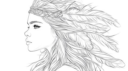 Fototapeta premium Girl with feathers in hair, standing calmly, pale background, coloring sheet style