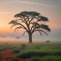 Sunset Silhouette of Acacia Trees in a Colorful Meadow – Autumn Landscape with Fog and Dramatic