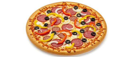 Delicious pepperoni pizza with bell peppers and olives