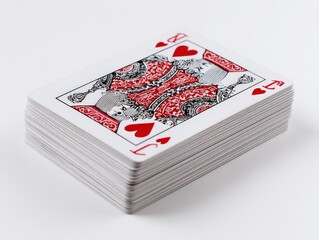 A deck of playing cards rests on a white surface, the Queen of Hearts visible on top.