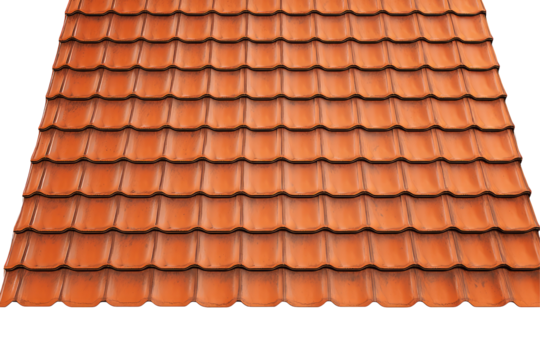 A detailed view of a roof covered with orange tiles arranged in a repetitive pattern on a black background on transparent background