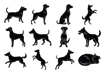 set of dogs silhouettes, bundle of 12 dogs
