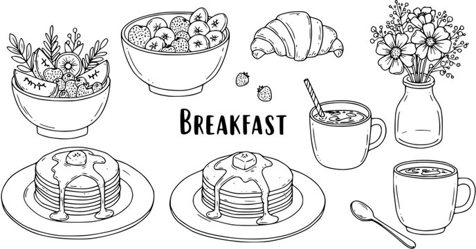 Hand drawn outline dining doodles. Breakfast food. Cup of coffee, flower in vase. Art for greeting cards, wedding invitations
