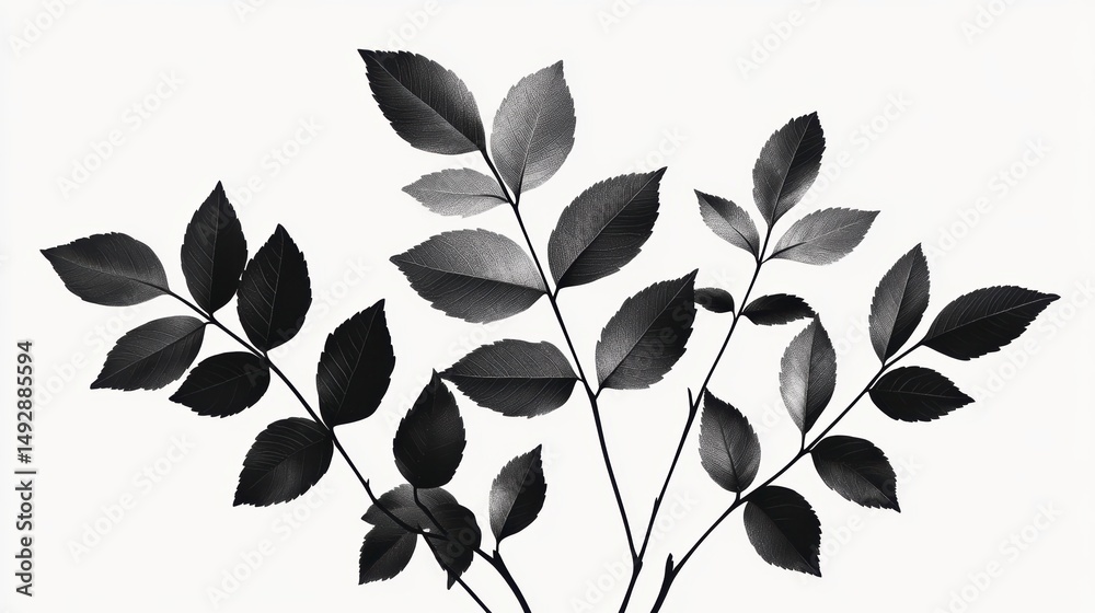 Poster monochrome close-up of several branches with leaves against a white background.