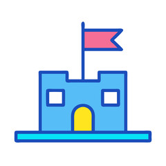 Cute blue castle with pink flag on White Background