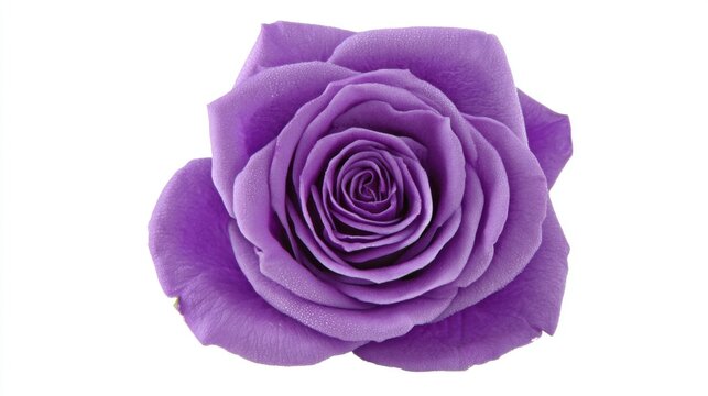 Eye-level close-up of a single purple rose in full bloom against a white background, showcasing its delicate petals and intricate floral structure