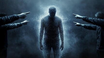 Fototapeta premium A solitary figure amidst judgmental onlookers demonstrating social pressure.