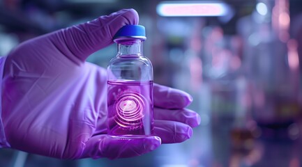 Gloved hand holding a vial containing a purple liquid with a futuristic swirling interface, in a laboratory setting