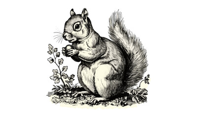 Vintage Squirrel Illustration, Antique Engraving, Rustic Fauna Drawing, Black Line Wildlife Sketch, Monochrome Nature Etching, Old Style Mammal Print, forest animal art