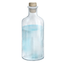 A glass bottle with a clear liquid inside. Watercolor illustration. a glass container with a stopper, insulated on a white background. For perfumes, water, drinks, alchemy, magic and laboratory work