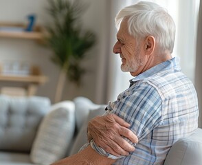 Senior male experiencing chest pain, gripping arm and signaling potential cardiac distress during medical emergency