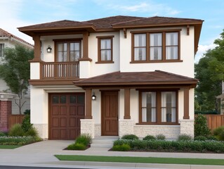 Fototapeta premium Beautiful modern two-story house featuring elegant architectural design, large windows, inviting porch, lush landscaping, and a welcoming atmosphere perfect for families or individuals seeking