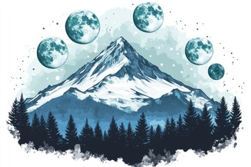 Celestial mountain peak scene with multiple moons.