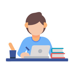 Illustration of Student Studying at Desk with Laptop and Books