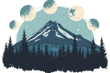 Mountain silhouette with phases of moon graphic design.
