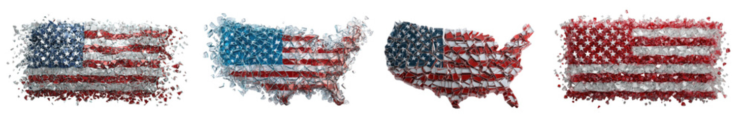 American flag made of broken glass, transparent background