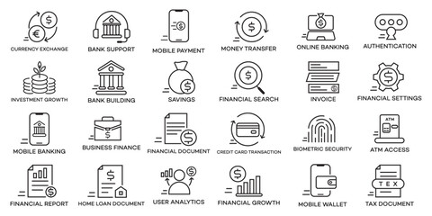 A set of line icons depicting various financial services, including banking, mobile payments, investments, and security features. Clean design, simple style.